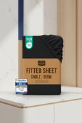 Stack of Utopia Bedding fitted sheets with color options and product details on a white background.