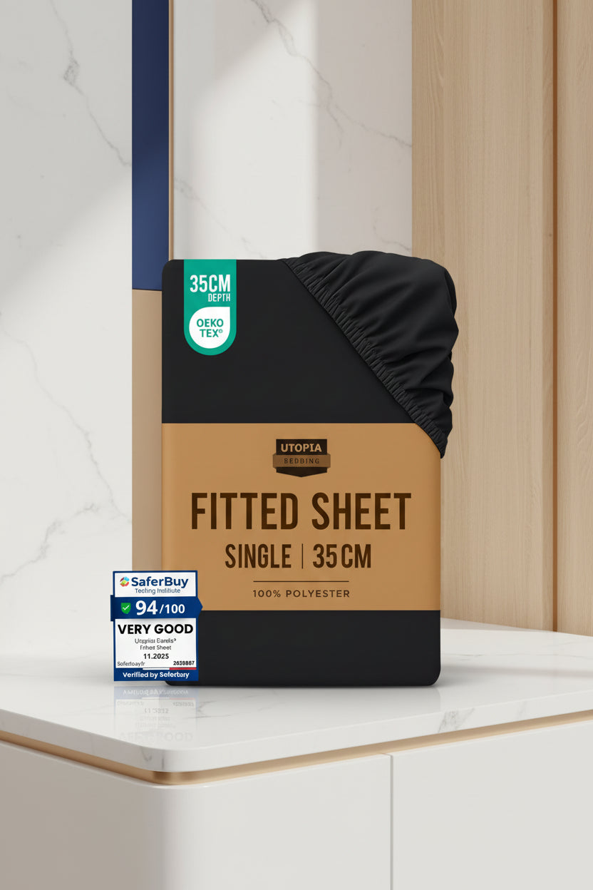 Stack of Utopia Bedding fitted sheets with color options and product details on a white background.