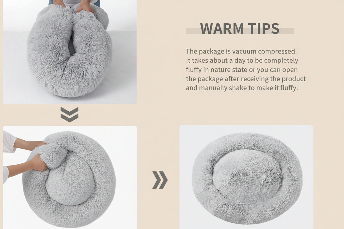 A four-panel product infographic showing a fluffy light gray circular cushion or pet bed, with text reading 'WARM TIPS' and instructions about vacuum compression and shaking to restore fluffiness.