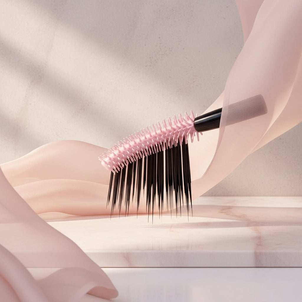 Flex tower brush with pink bristle head and black shaft on a light blue background