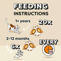 Feeding instructions for a pet on a yellow background with cartoon illustrations of a cat and treats.