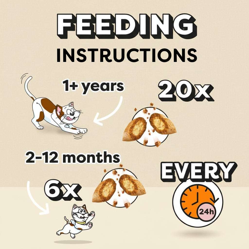 Feeding instructions for a pet on a yellow background with cartoon illustrations of a cat and treats.
