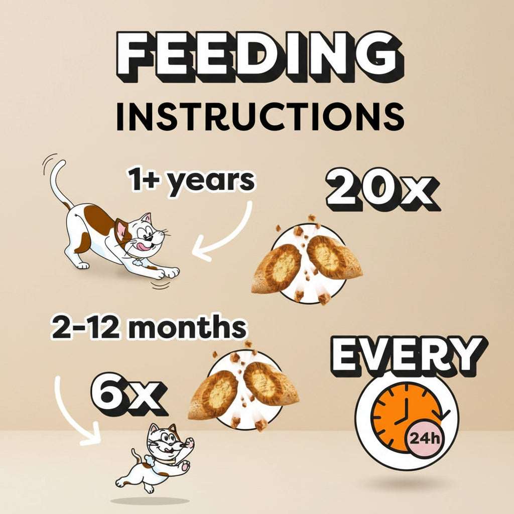Feeding instructions for a pet on a yellow background with cartoon illustrations of a cat and treats.