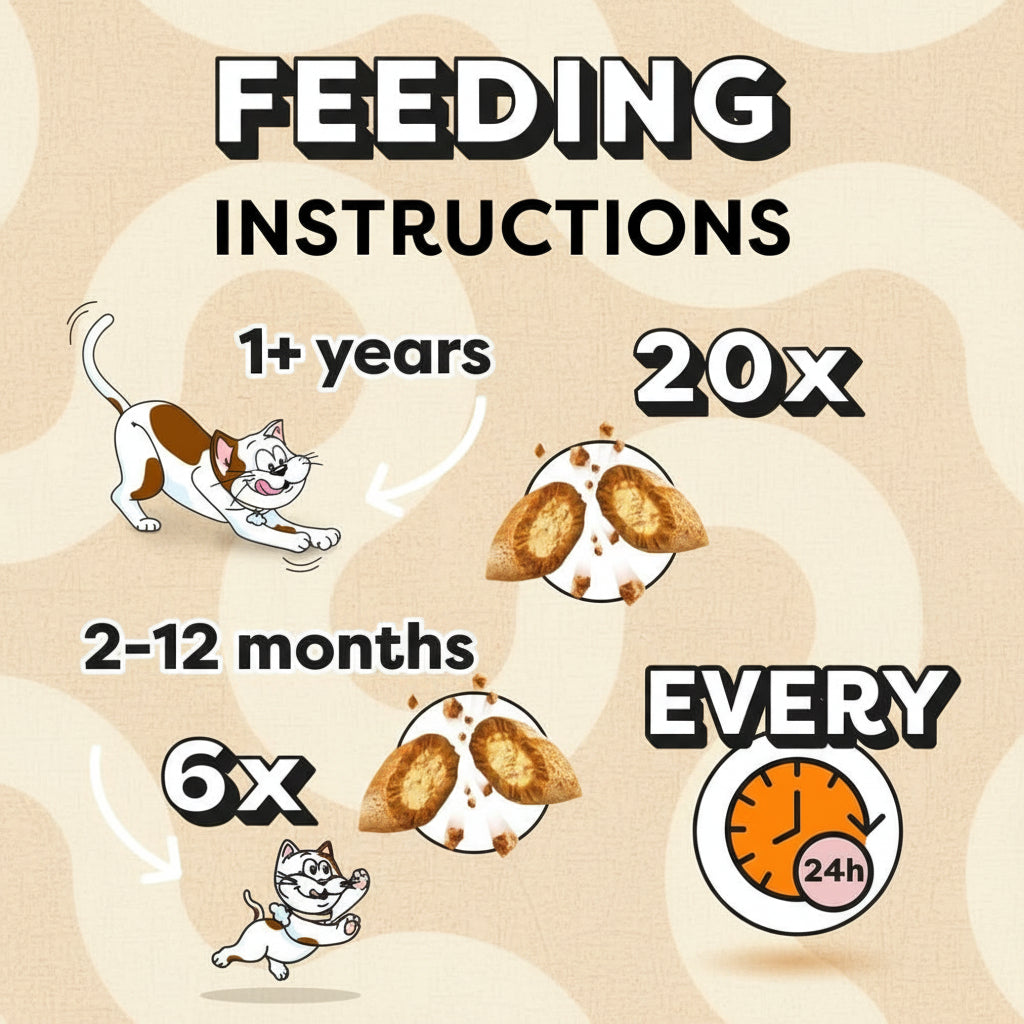 Feeding instructions for a pet on a yellow background with cartoon illustrations of a cat and treats.