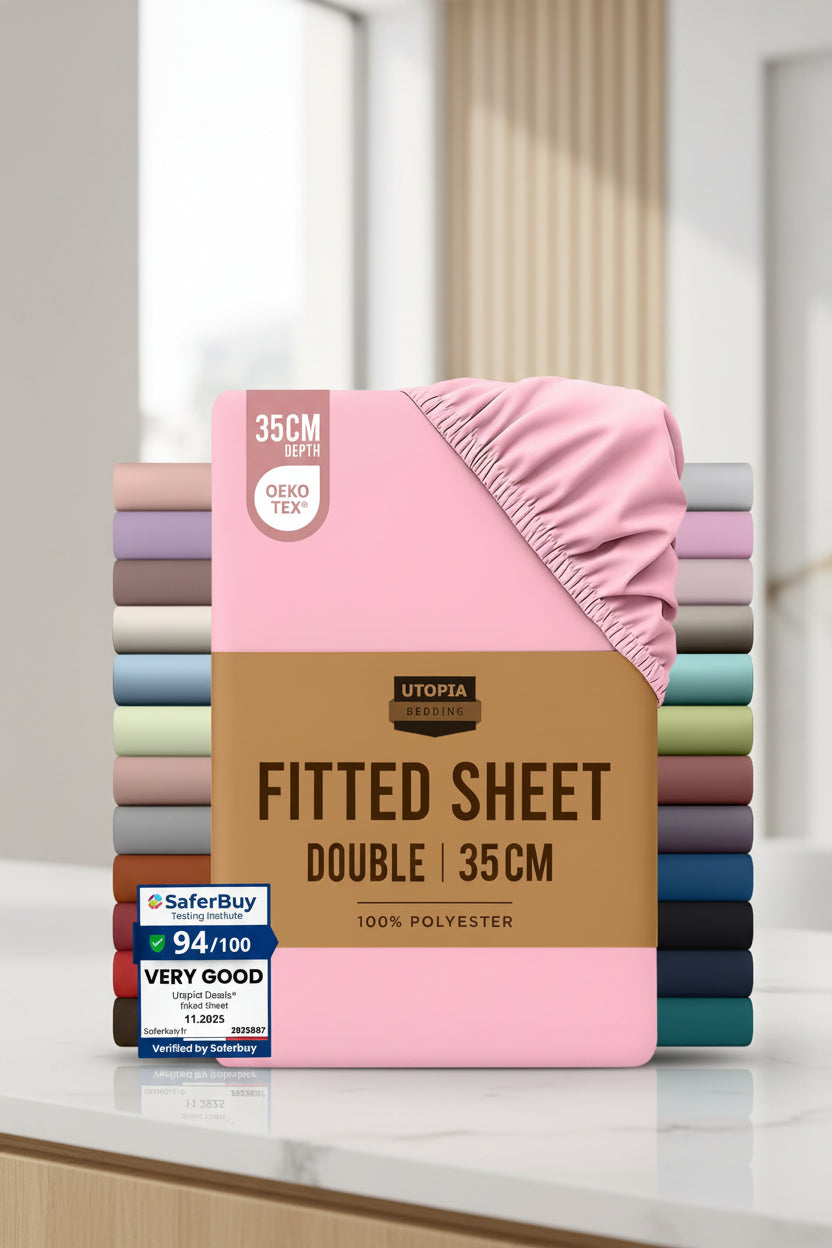 Stack of Utopia Bedding fitted sheets with a pink sheet on top, displayed against a white background.