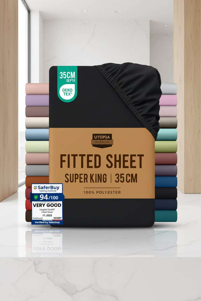 Packaged fitted sheet with color swatches and branding on a white background