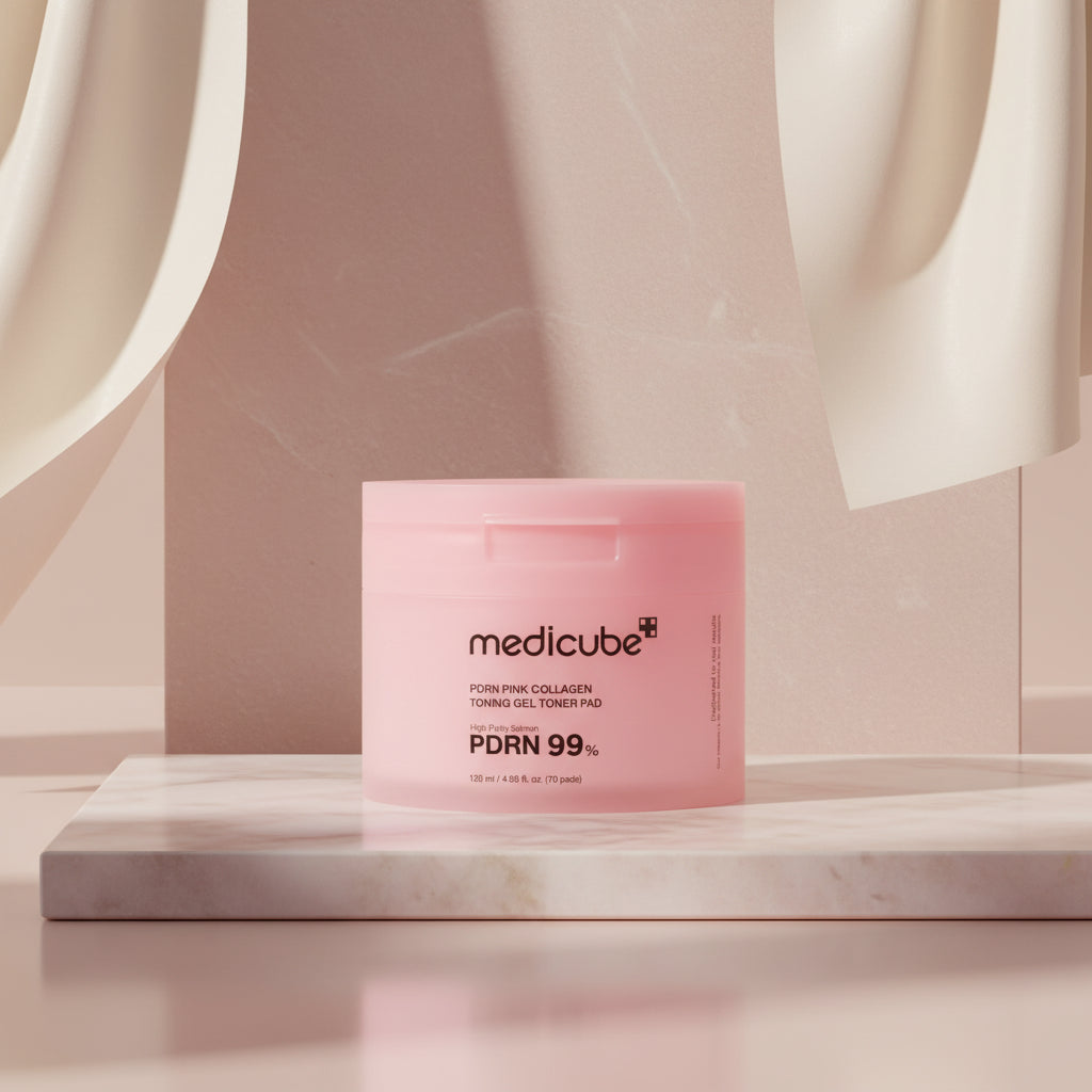 Pink collagen toning gel toner pad with Medicube branding on a white background