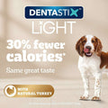 DENTASTIX Light dog food packaging with a dog on a blue background