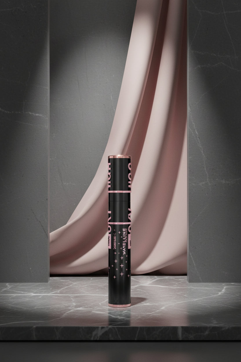 Maybelline Tonal Cosmetics Black + Blue mascara tube in black with pink lettering and star details.
