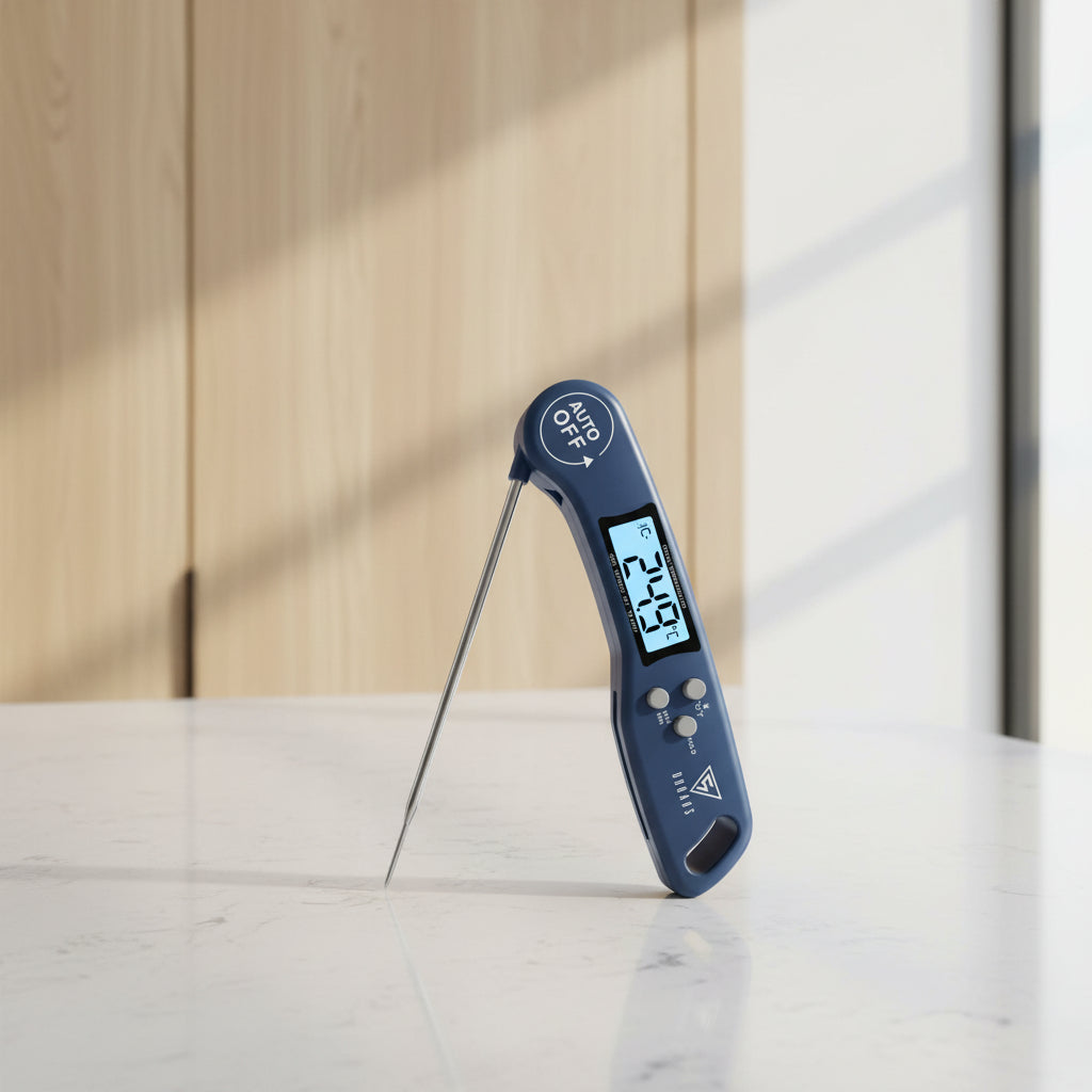Black digital thermometer with a digital display on a white background