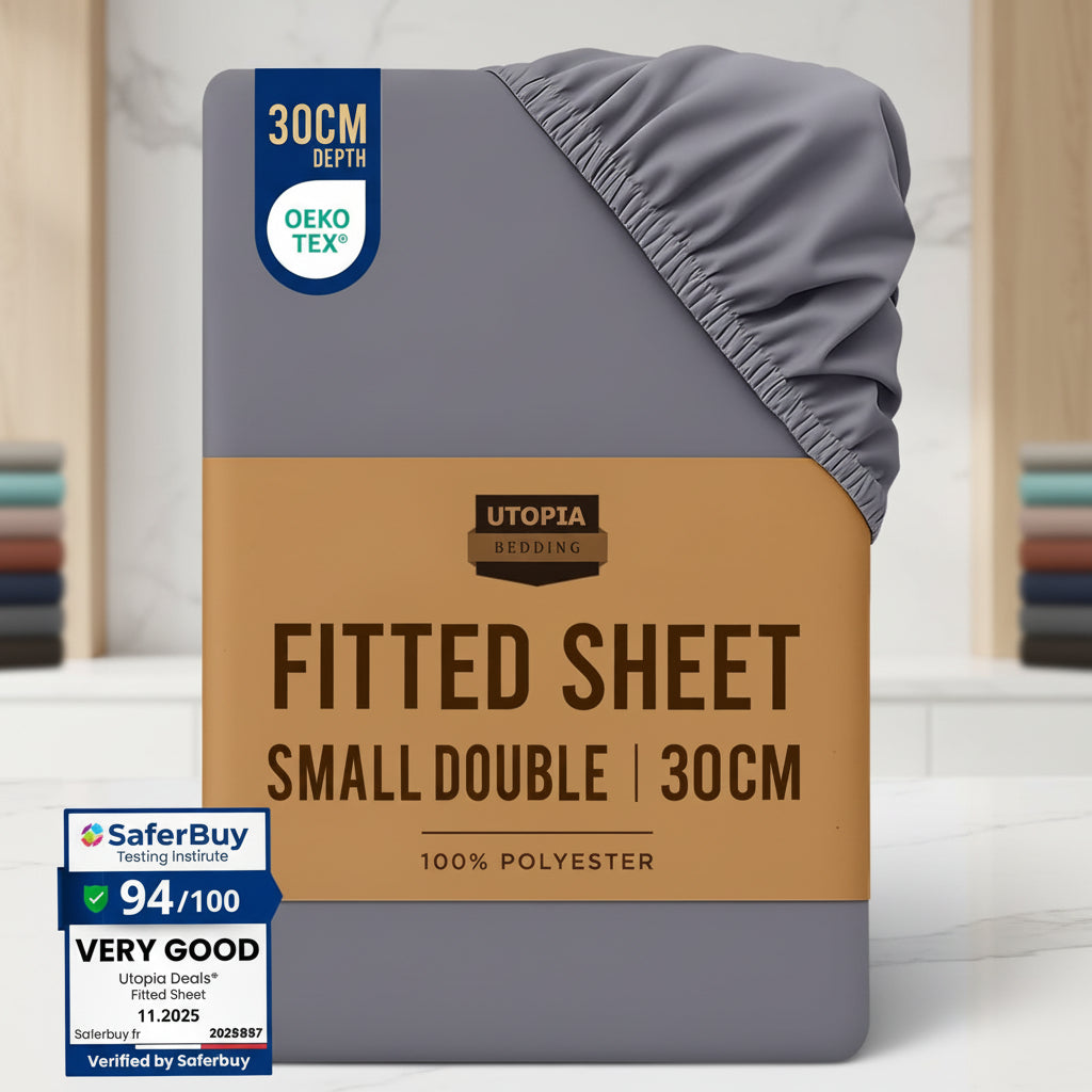 Stack of Utopia Bedding fitted sheets with a brown label and color swatches on a white background.