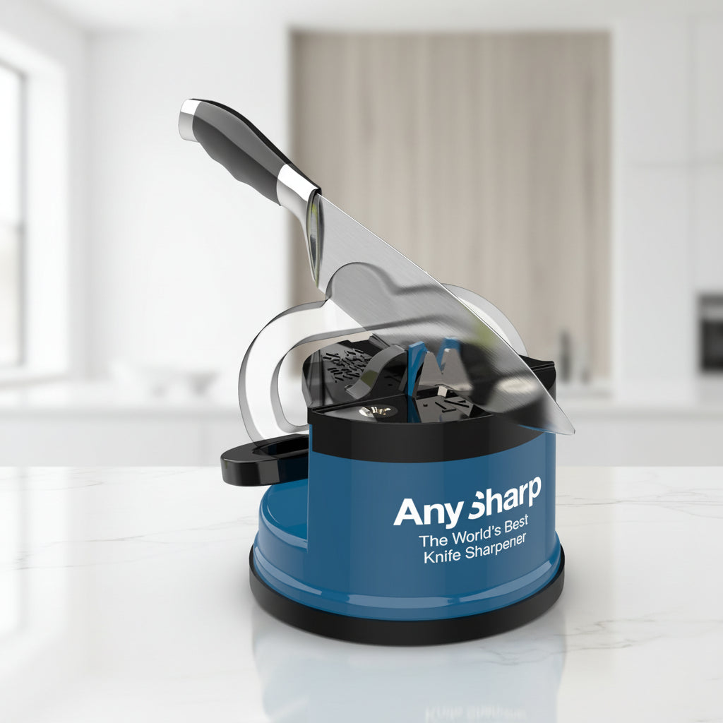 Any Sharp knife sharpener with a blue and black base, shown sharpening a stainless steel kitchen knife. A green arrow graphic illustrates the sharpening motion.
