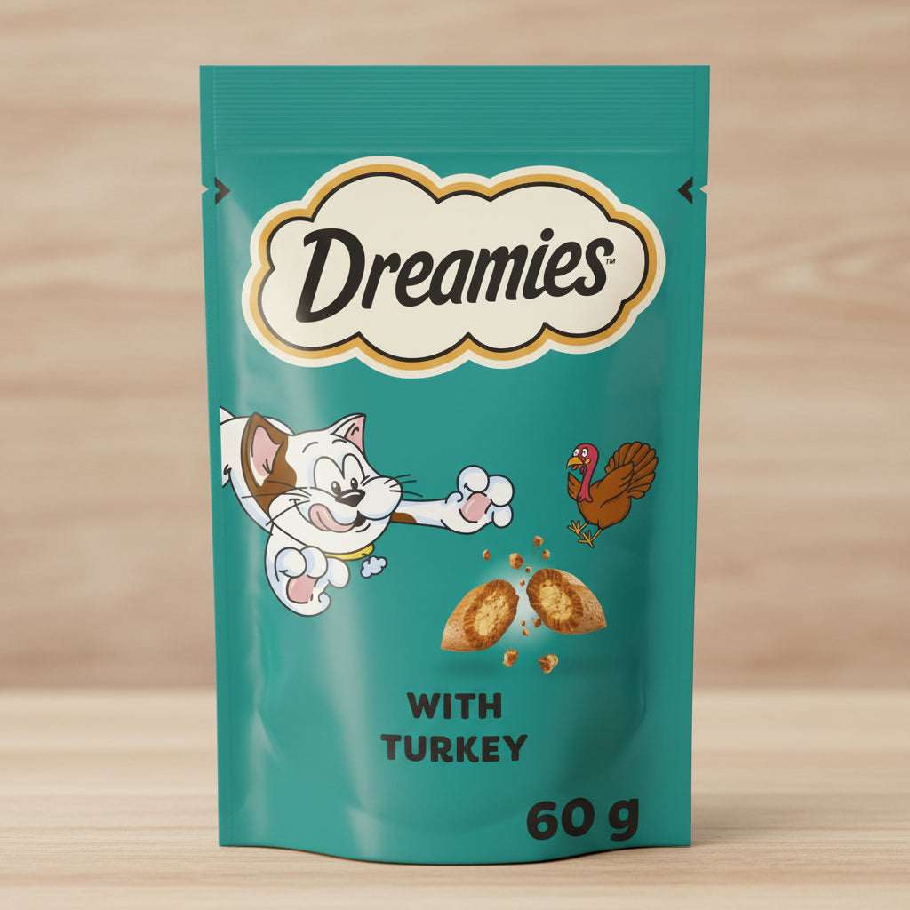 Dreamies Variety Snack Box featuring a bright yellow package with a cartoon cat, snack pieces, and small illustrated snack pouches. The box prominently displays the brand name 'Dreamies' and 'VARIETY SNACK BOX' with 'x12' indicating a 12-pack.