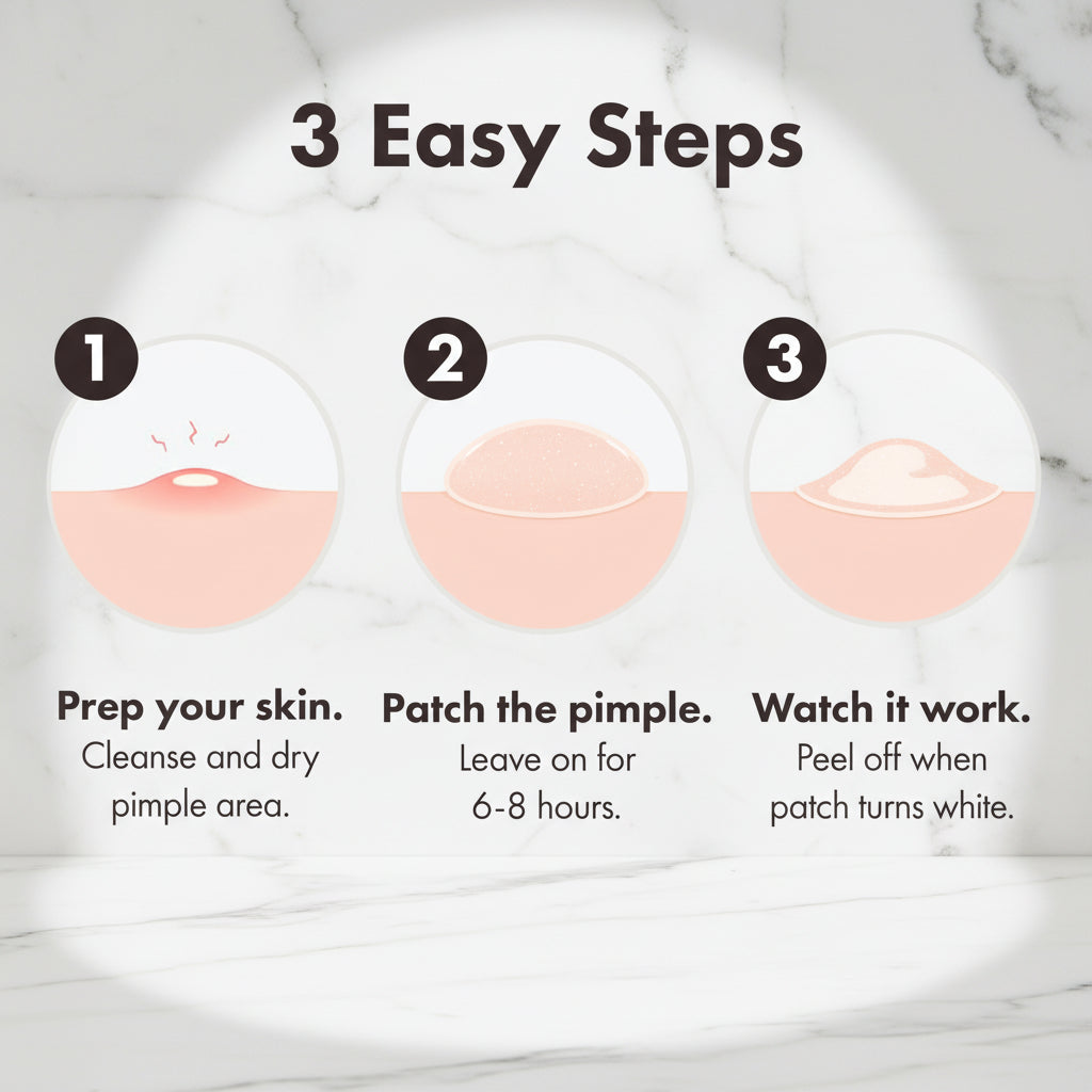 An infographic titled '3 Easy Steps' showing a three-step pimple patch application guide with illustrated skin circles and text: 'Prep your skin,' 'Patch the pimple,' and 'Watch it work.'.
