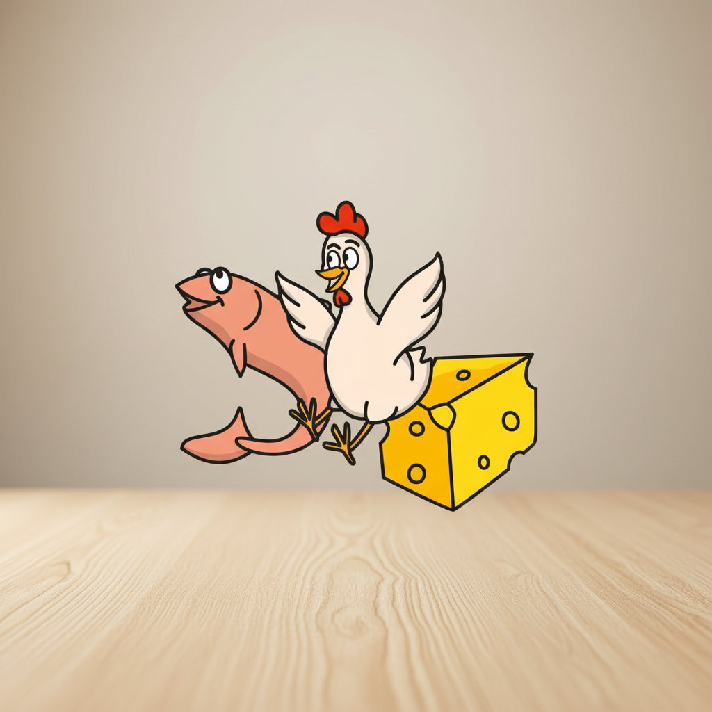 Cartoon chicken with fish and cheese on a yellow wavy background