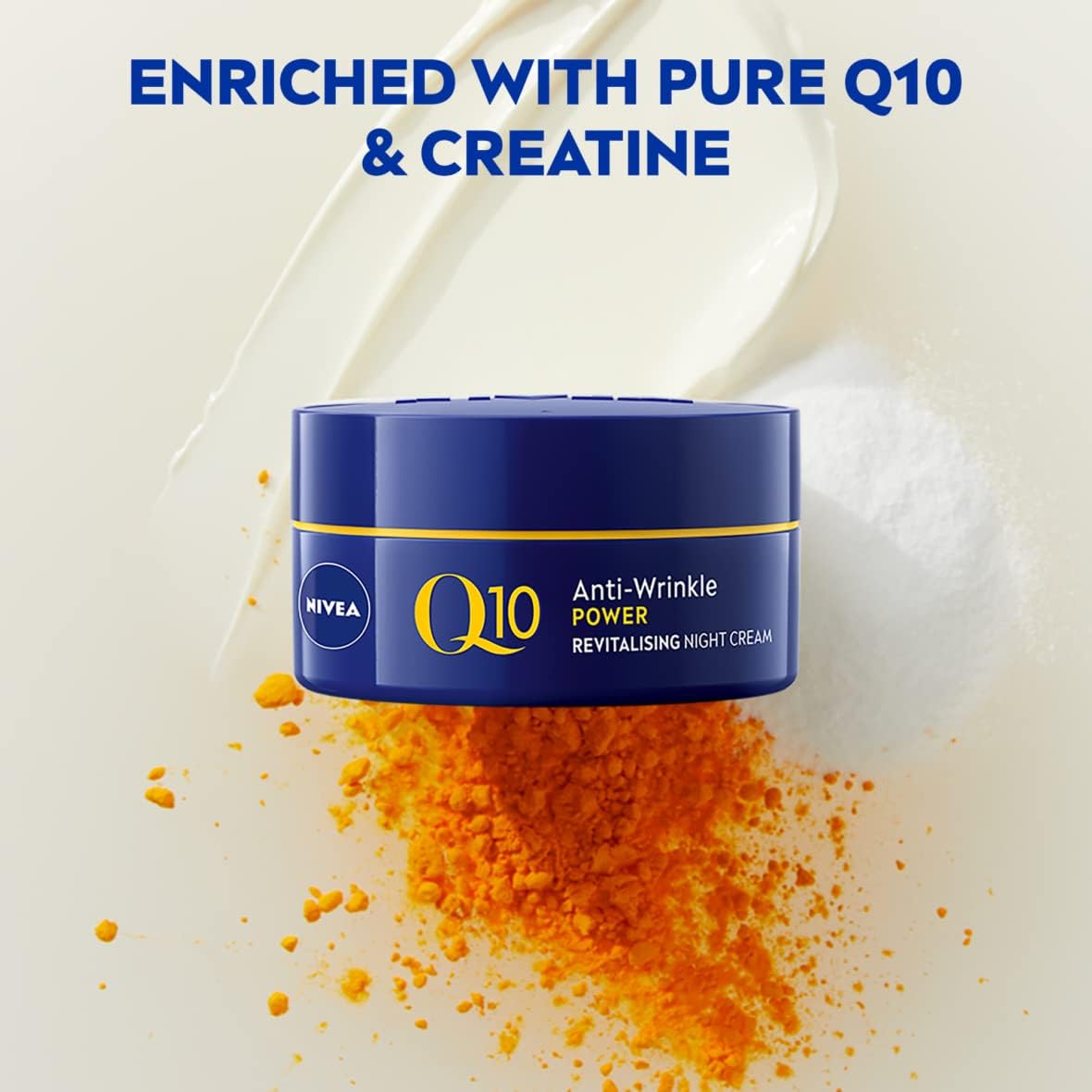 Nivea Q10 anti-wrinkle night cream jar with orange powder on a light background
