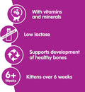 Purple label with text and icons for a pet product, featuring vitamins, low lactose, bone health support, and age recommendation.