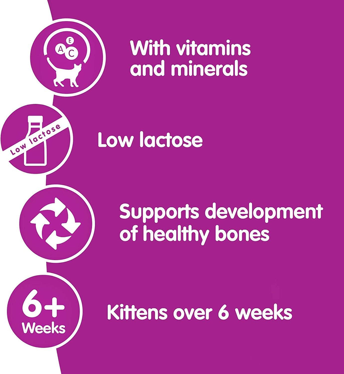 Purple label with text and icons for a pet product, featuring vitamins, low lactose, bone health support, and age recommendation.