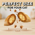 Two cat treats with a measurement label on a yellow background, emphasizing 'Perfect Size For Your Cat'.
