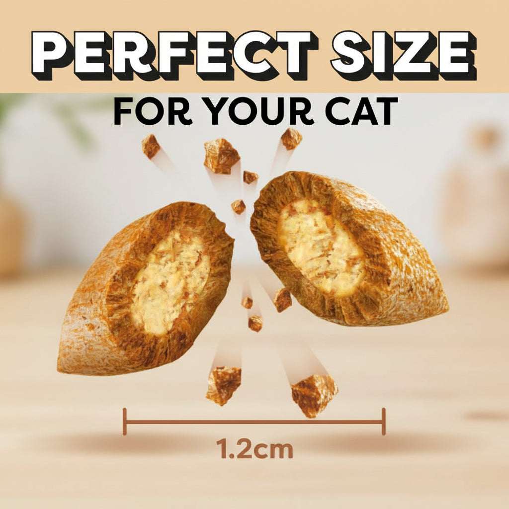 Two cat treats with a measurement label on a yellow background, emphasizing 'Perfect Size For Your Cat'.