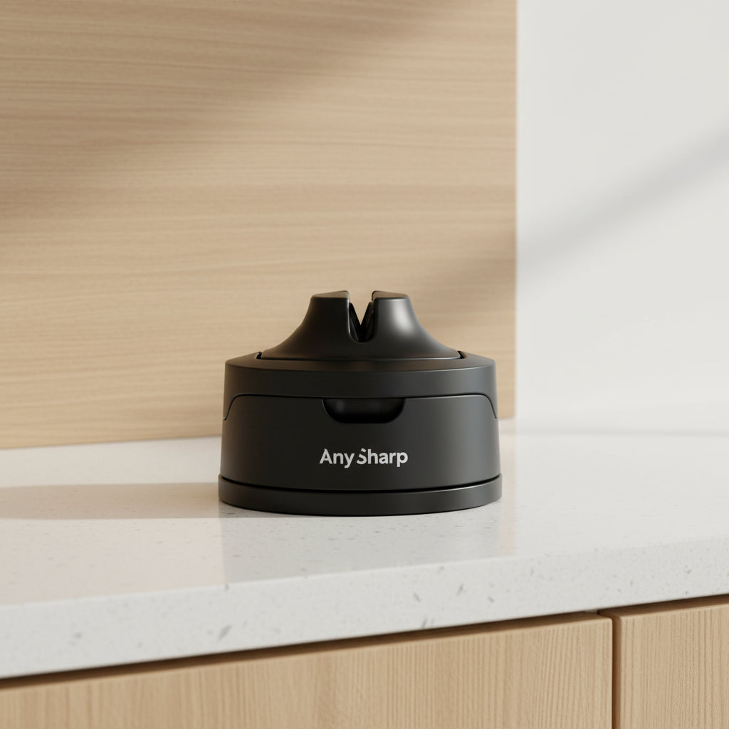 Black sharpener with 'Any Sharp' branding on a white background