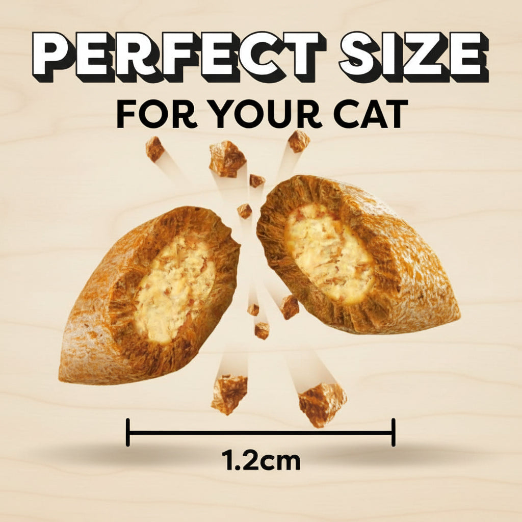 Two cat treats with a measurement label on a yellow background, emphasizing 'Perfect Size For Your Cat'.