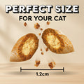 Two cat treats with a measurement label on a yellow background, emphasizing 'Perfect Size For Your Cat'.