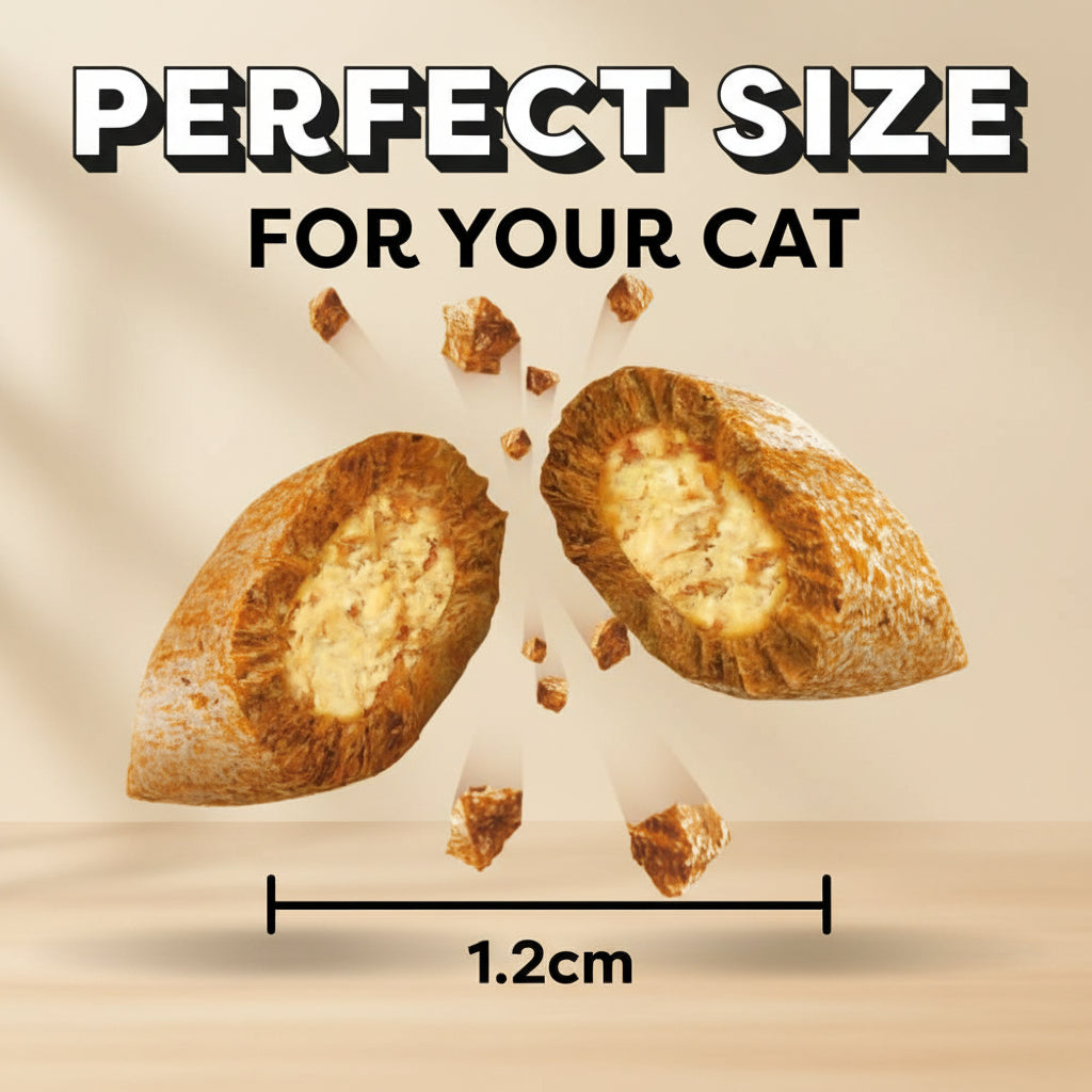 Two cat treats with a measurement label on a yellow background, emphasizing 'Perfect Size For Your Cat'.