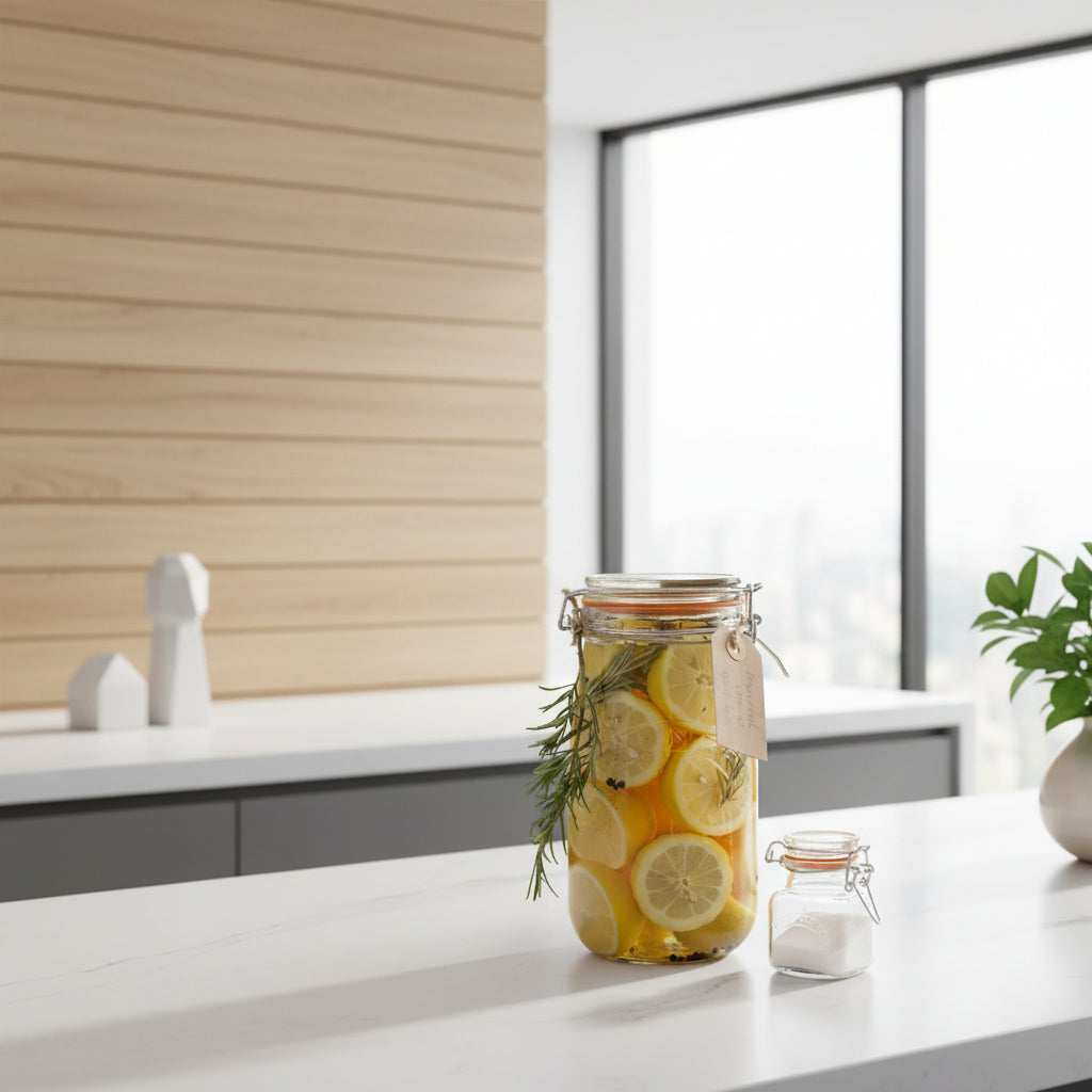 Glass jar with lemon slices and rosemary on a gray surface