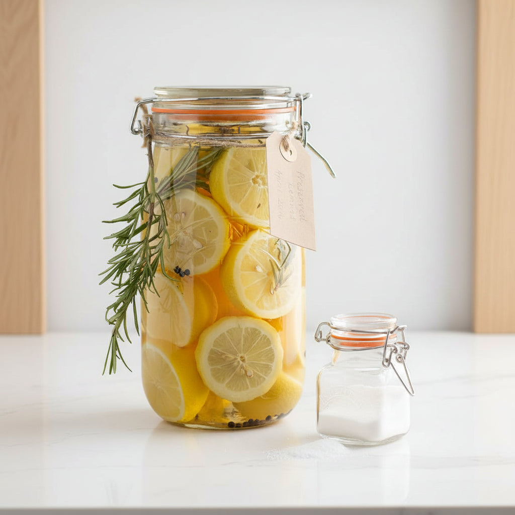 Glass jar with lemon slices and rosemary on a gray surface