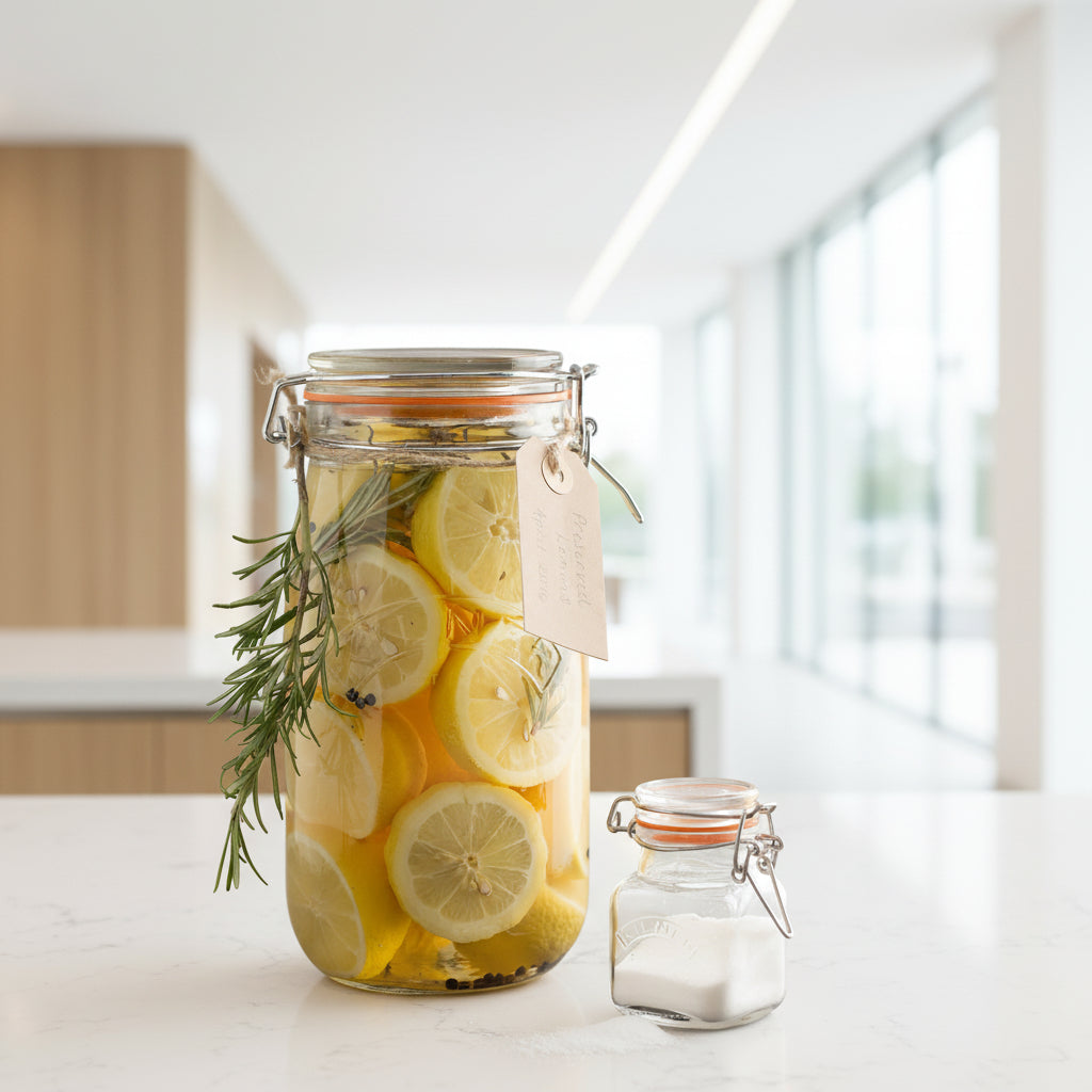 Glass jar with lemon slices and rosemary on a gray surface