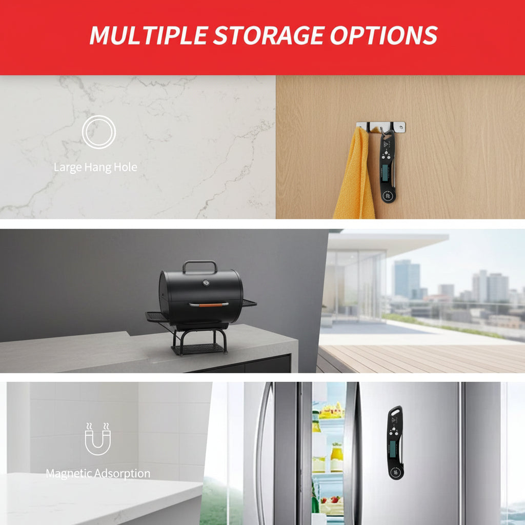 Product with multiple storage options including a large hang hole, BBQ attachment, and magnetic adsorption feature.