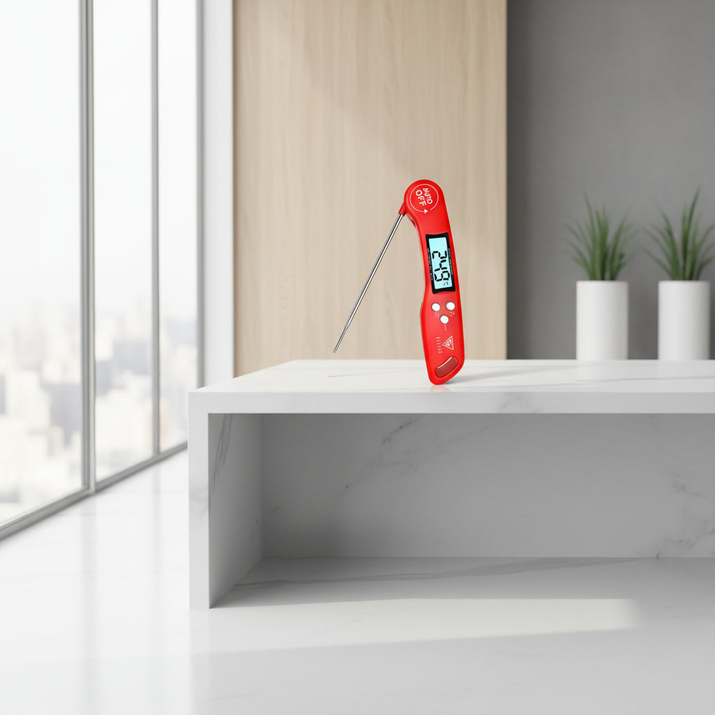 A red digital probe thermometer with a long stainless steel probe, featuring a blue backlit LCD screen and white buttons, shown on a clean white background.