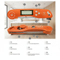 An orange digital meat thermometer shown from two angles on a white background, with numbered callouts and a legend explaining the parts. The top view shows the front with a digital display, buttons, and a long probe.