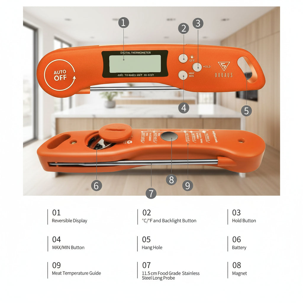 An orange digital meat thermometer shown from two angles on a white background, with numbered callouts and a legend explaining the parts. The top view shows the front with a digital display, buttons, and a long probe.