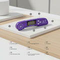 Purple digital meat thermometer shown from two angles with numbered callouts and a feature legend below on a white background.