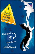 A blue promotional graphic for Felix cat litter featuring a black-and-white cat reaching up to tear open a white package. A yellow warning triangle reads 'Irresistible meals for mischief makers,' and text includes 'Find FELIX at' with a Facebook icon and 'CatsLikeFelix or catslikefelix.