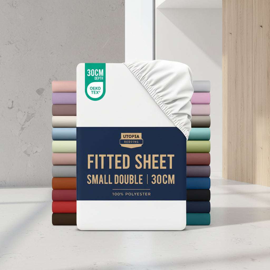 Stack of Utopia Bedding fitted sheets with color options and product details on a white background.