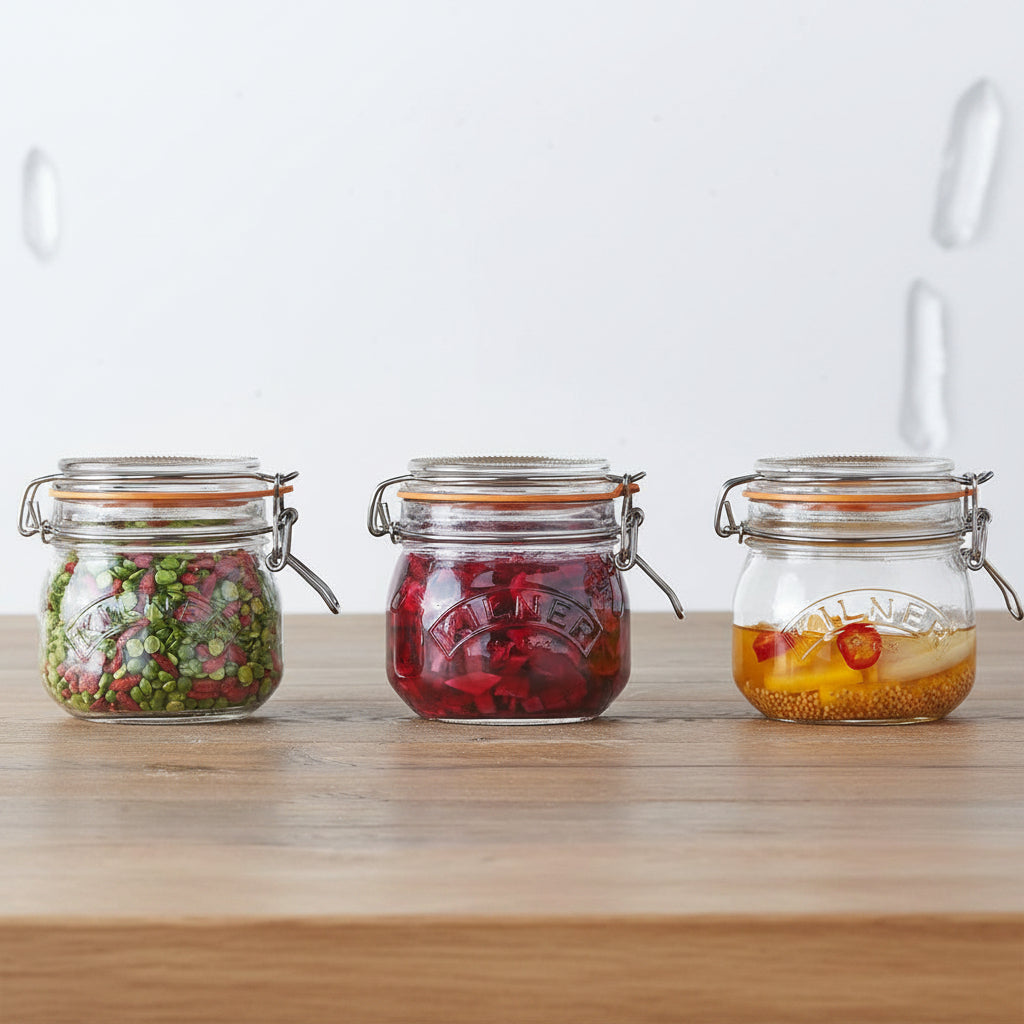 Three glass jars with metal clamps on a wooden surface, containing various contents.