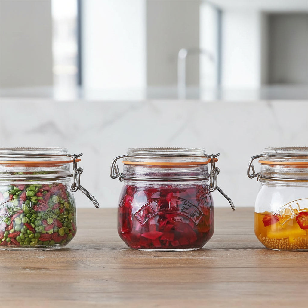 Three glass jars with metal clamps on a wooden surface, containing various contents.