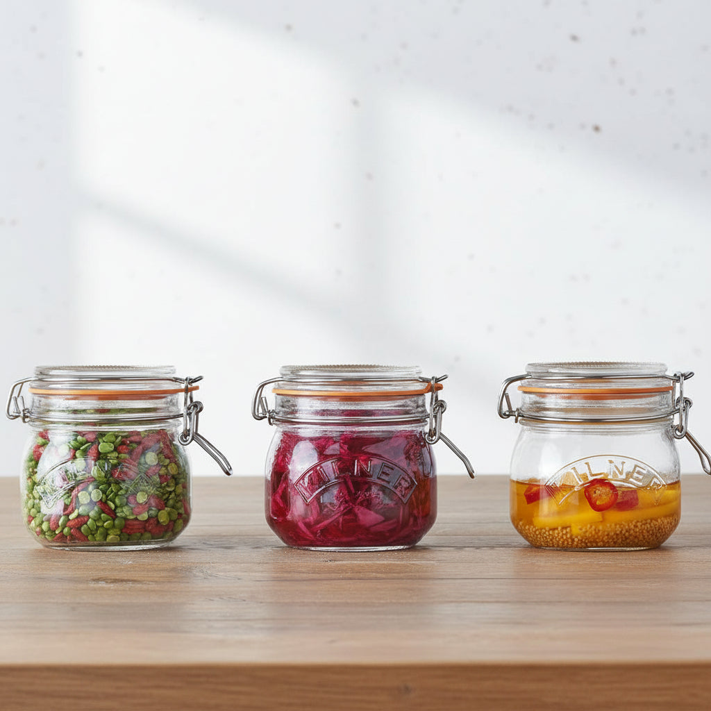 Three glass jars with metal clamps on a wooden surface, containing various contents.