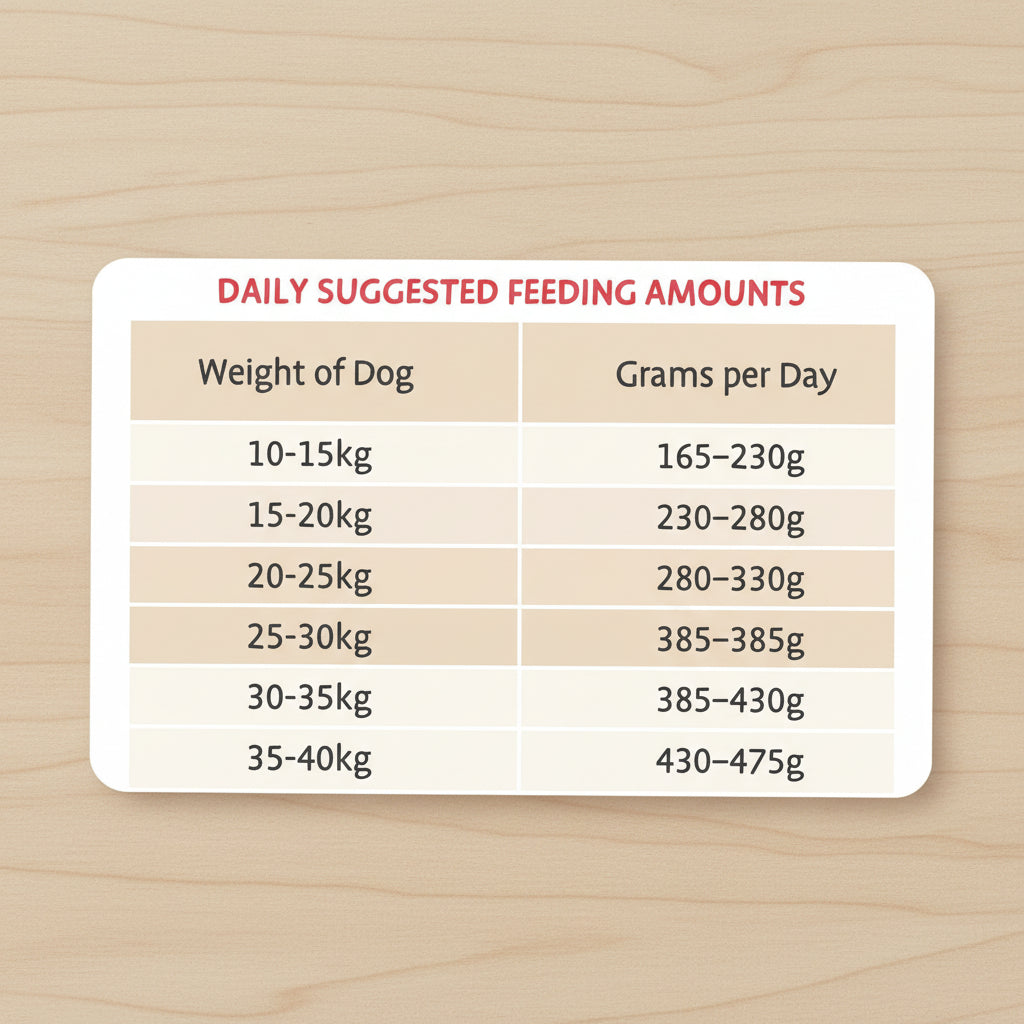 A pink informational chart titled 'DAILY SUGGESTED FEEDING AMOUNTS' with a table showing recommended grams per day for dog weights ranging from 10-15kg to 35-40kg.