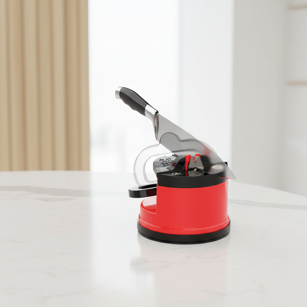Red knife sharpener with a knife inserted, branded 'AnySharp', on a white background.