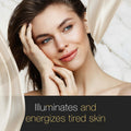 Woman with glowing skin on a white background with text 'Illuminates and energizes tired skin'.