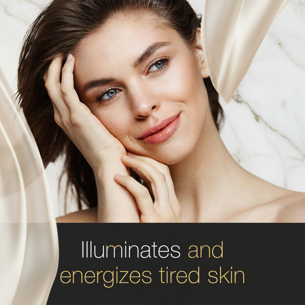 Woman with glowing skin on a white background with text 'Illuminates and energizes tired skin'.