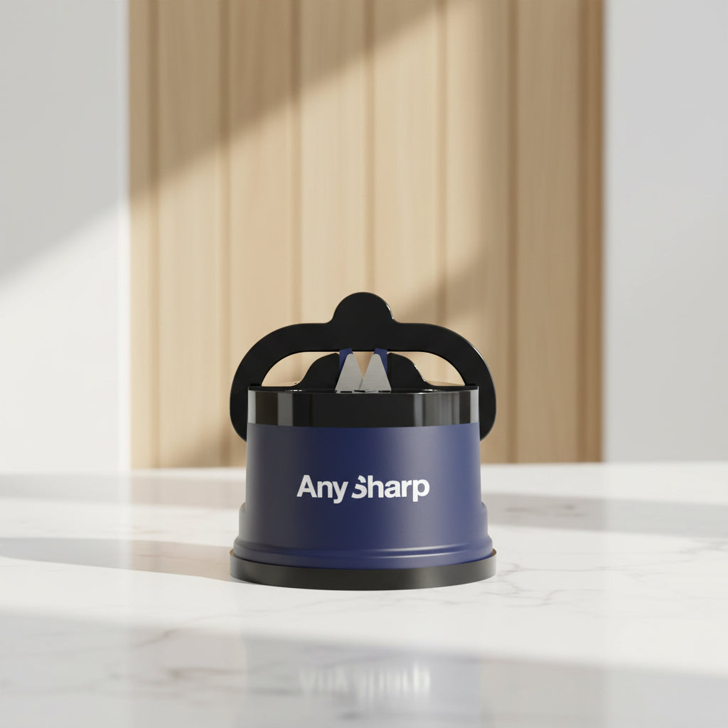 A dark blue and black Any Sharp kitchen sharpening stone with white brand text on the front, shown on a solid white background.
