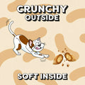 Cartoon cat chasing a piece of food with text 'Crunchy Outside, Soft Inside' on a yellow background