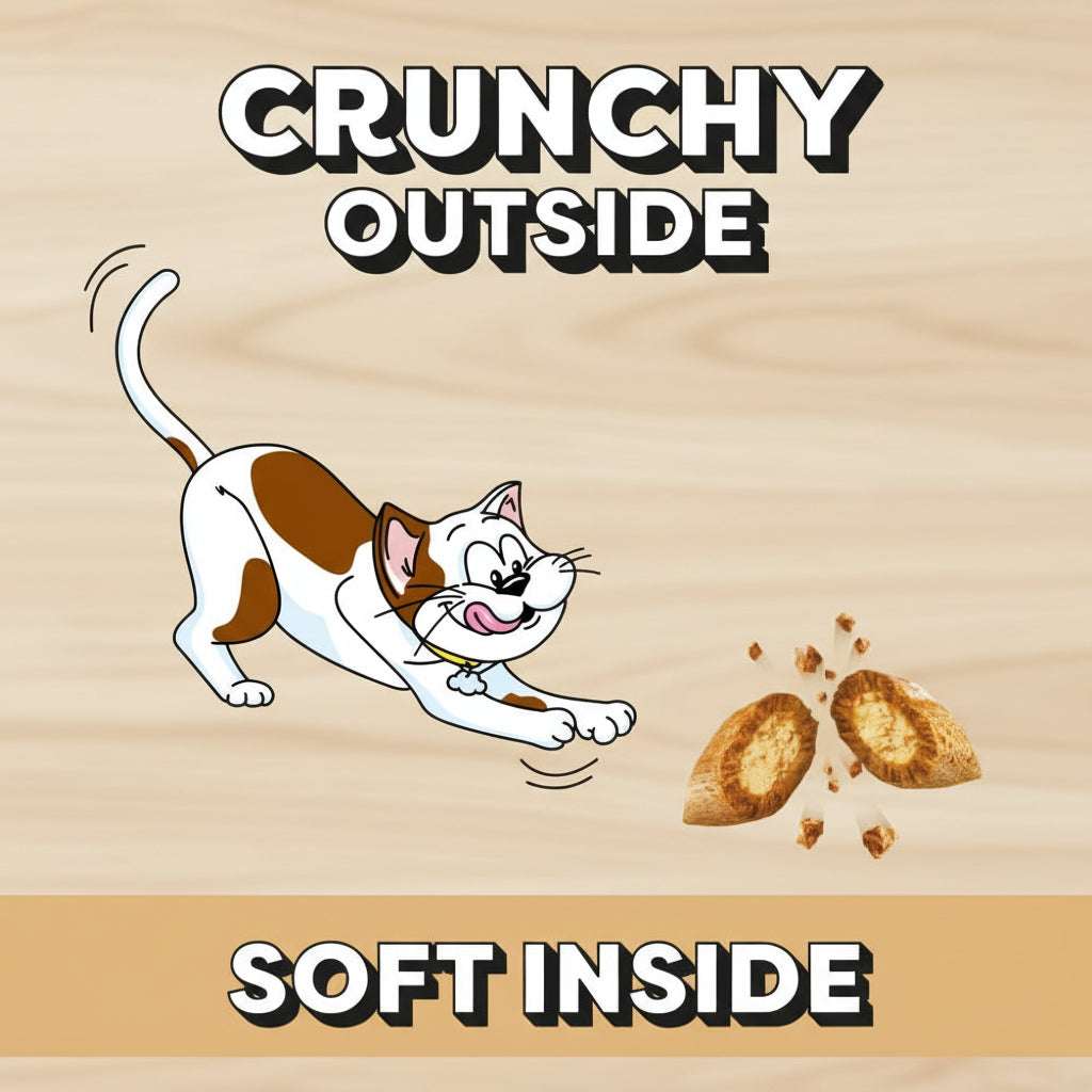 Cartoon cat chasing a piece of food with text 'Crunchy Outside, Soft Inside' on a yellow background
