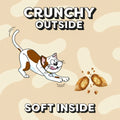 Cartoon cat chasing a piece of food with text 'Crunchy Outside, Soft Inside' on a yellow background