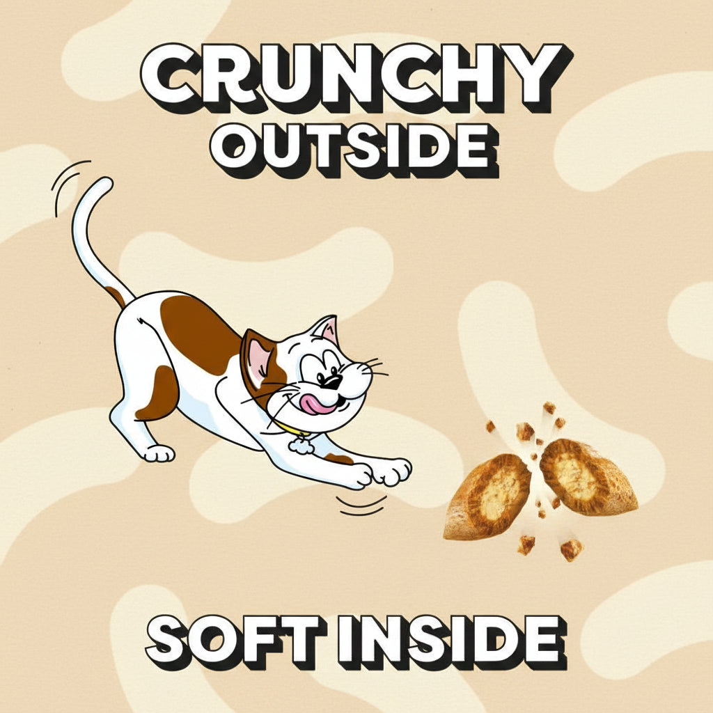 Cartoon cat chasing a piece of food with text 'Crunchy Outside, Soft Inside' on a yellow background